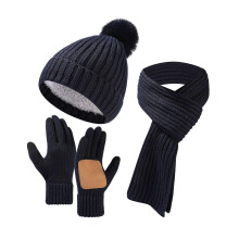 (Navy Blue)3Pcs/Set Winter Hat Scarf Gloves Set Solid Color Thickened Warm Plush Lining Elastic Brimless Hat Long Scarf Knitting Gloves Set