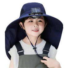 (One Size,Navy Blue)Wide Brim Sun Hat with Solar Fan for Kids Sun Protection Cooling Fan Hat with Neck Flap for Outdoor Beach Fishing