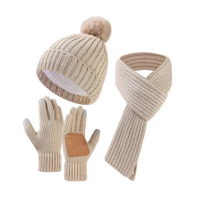 (Light Yellow)3Pcs/Set Winter Hat Scarf Gloves Set Solid Color Thickened Warm Plush Lining Elastic Brimless Hat Long Scarf Knitting Gloves Set