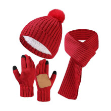 (Red)3Pcs/Set Winter Hat Scarf Gloves Set Solid Color Thickened Warm Plush Lining Elastic Brimless Hat Long Scarf Knitting Gloves Set