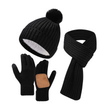 (Black)3Pcs/Set Winter Hat Scarf Gloves Set Solid Color Thickened Warm Plush Lining Elastic Brimless Hat Long Scarf Knitting Gloves Set