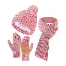 (Pink)3Pcs/Set Winter Hat Scarf Gloves Set Solid Color Thickened Warm Plush Lining Elastic Brimless Hat Long Scarf Knitting Gloves Set