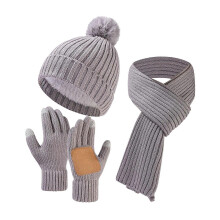 (Light Grey)3Pcs/Set Winter Hat Scarf Gloves Set Solid Color Thickened Warm Plush Lining Elastic Brimless Hat Long Scarf Knitting Gloves Set