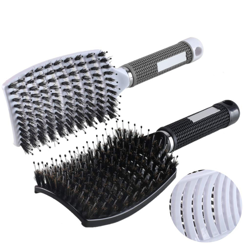 Black/White 2Pcs Boar Bristle And Detangler Hair Brush Set For Fast Detangling, Blowdrying And Scalp Massage