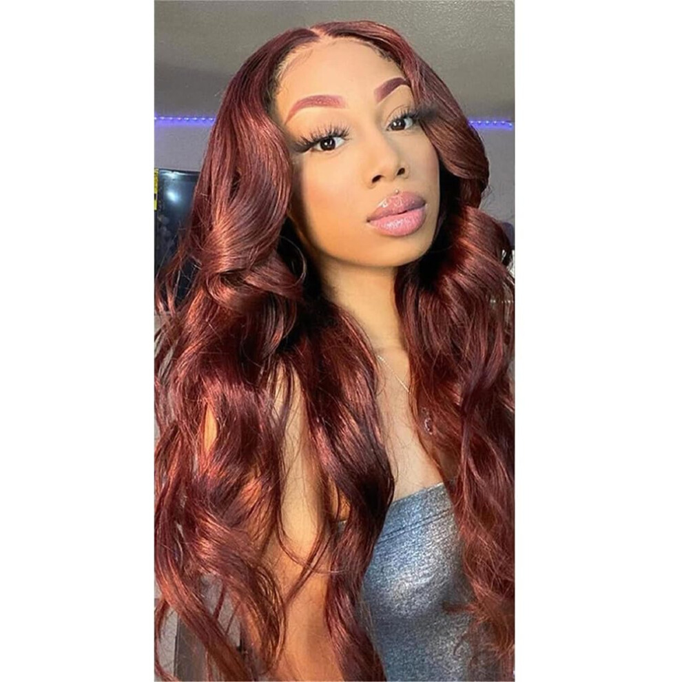 16 Inch Reddish Brown Body Wave Human Hair Lace Front Wig 250% Density Natural Hairline