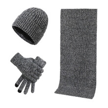 (Grey)3Pcs/Set Women Winter Hat Scarf Gloves Set Solid Color Knitting Hat Long Scarf Touchscreen Gloves Set Winter Accessories