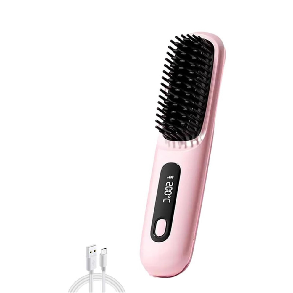 Pink Cordless Hair Straightening Brush With Ionic Ceramic Comb, Adjustable Heat For All Hair Types