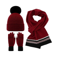 (Wine Red)3Pcs/Set Women Winter Hat Scarf Gloves Set Plush Ball Decor Elastic Knitting Hat Long Scarf Touch Screen Gloves Set
