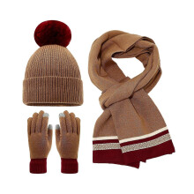 (Dark Khaki)3Pcs/Set Women Winter Hat Scarf Gloves Set Plush Ball Decor Elastic Knitting Hat Long Scarf Touch Screen Gloves Set
