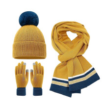 (Yellow)3Pcs/Set Women Winter Hat Scarf Gloves Set Plush Ball Decor Elastic Knitting Hat Long Scarf Touch Screen Gloves Set