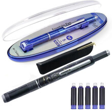 (D) Fountain Pen Retractable 0.38mm Blue Ink Transparent Barrel Fine Nib Fountain Pen Set with 5 Refillable Cartridges for Writing