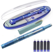 (B) Fountain Pen Retractable 0.38mm Blue Ink Transparent Barrel Fine Nib Fountain Pen Set with 5 Refillable Cartridges for Writing