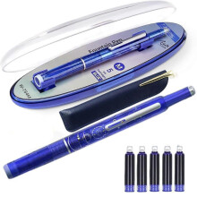 (A) Fountain Pen Retractable 0.38mm Blue Ink Transparent Barrel Fine Nib Fountain Pen Set with 5 Refillable Cartridges for Writing