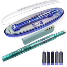 (C) Fountain Pen Retractable 0.38mm Blue Ink Transparent Barrel Fine Nib Fountain Pen Set with 5 Refillable Cartridges for Writing