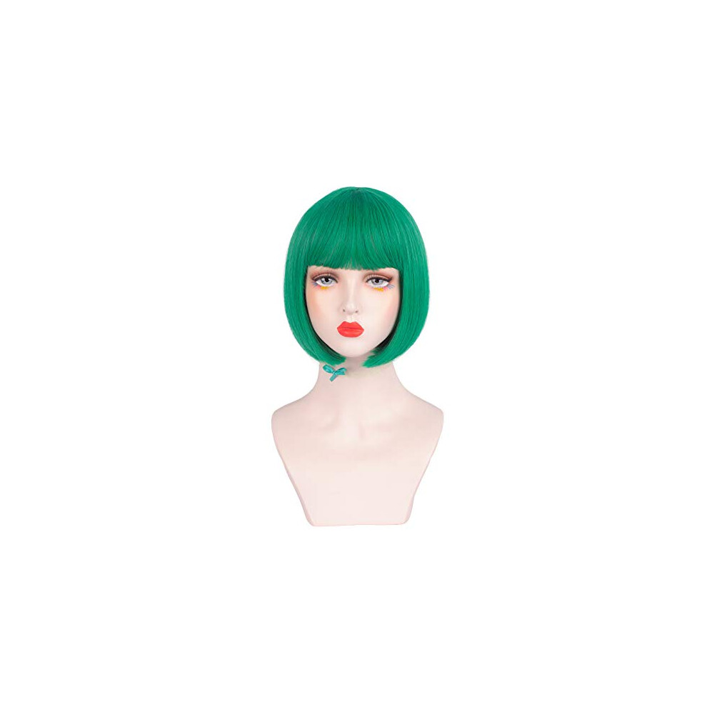 Green Bob Wig with Bangs Heat Resistant Synthetic Fiber for Cosplay Halloween and Daily Wear