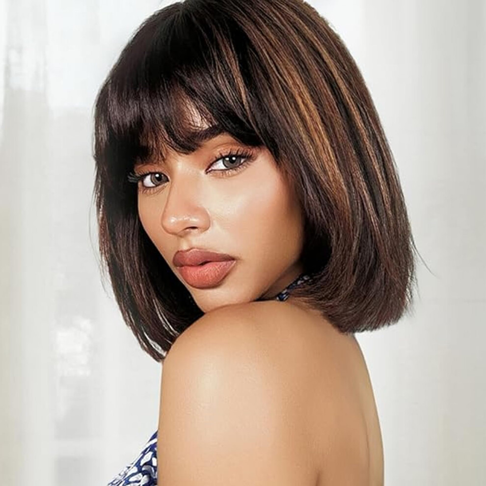 Unisex Brown 8 Inch Human Hair Bob Wig With Bangs Highlights Yaki Straight Blunt Cut Glueless Natural Scalp