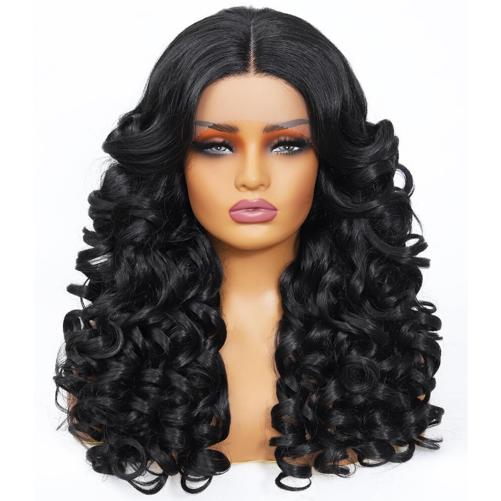 Unisex Black 24 Inch Curly Lace Front Wig For Women Glueless Synthetic Pre Plucked Natural Hairline