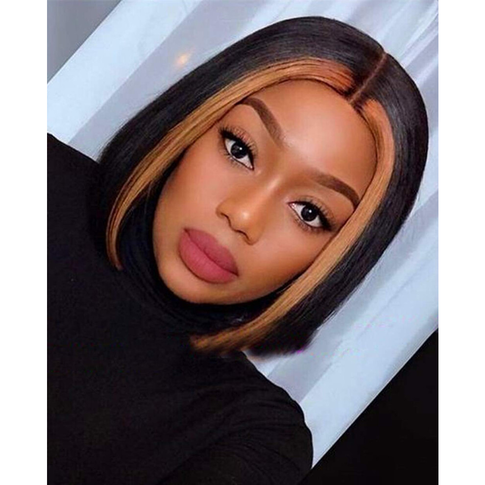 Short Bob Wig with Brown Highlights Heat Resistant Synthetic Wig for Black Women Natural Hairline