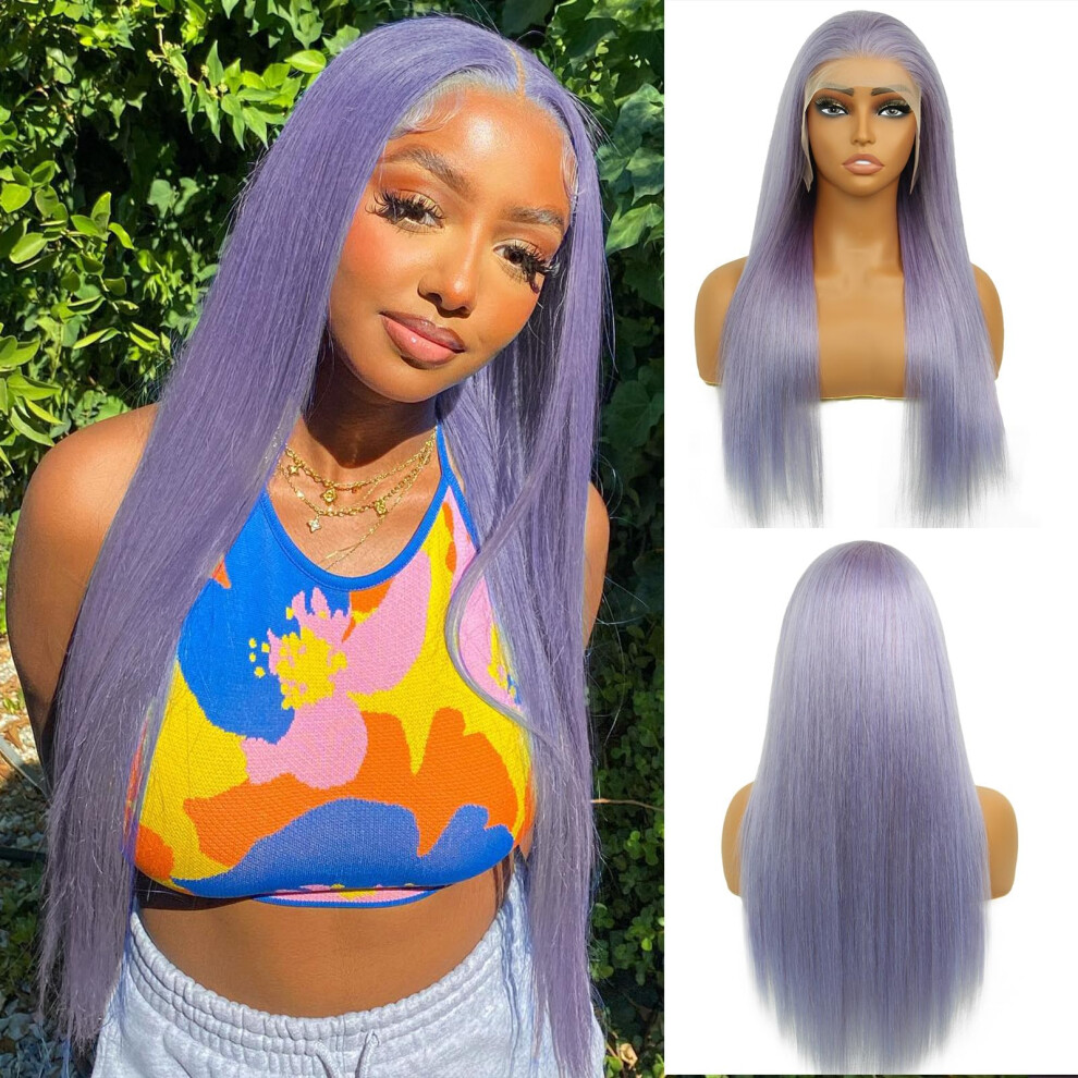 Unisex Purple 22 Inch Human Hair Lace Front Wig, Pre Plucked Brazilian Virgin Hair, Glueless Hd Lace