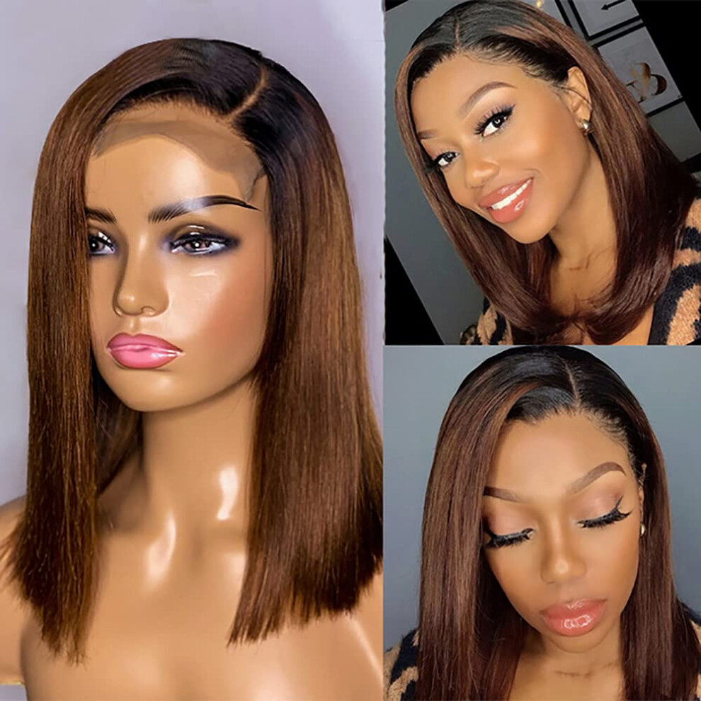 Unisex Human Hair Lace Front Bob Wig 13X6 Ombre Straight Remy Hair Short Wig With Elastic Band 1B/4