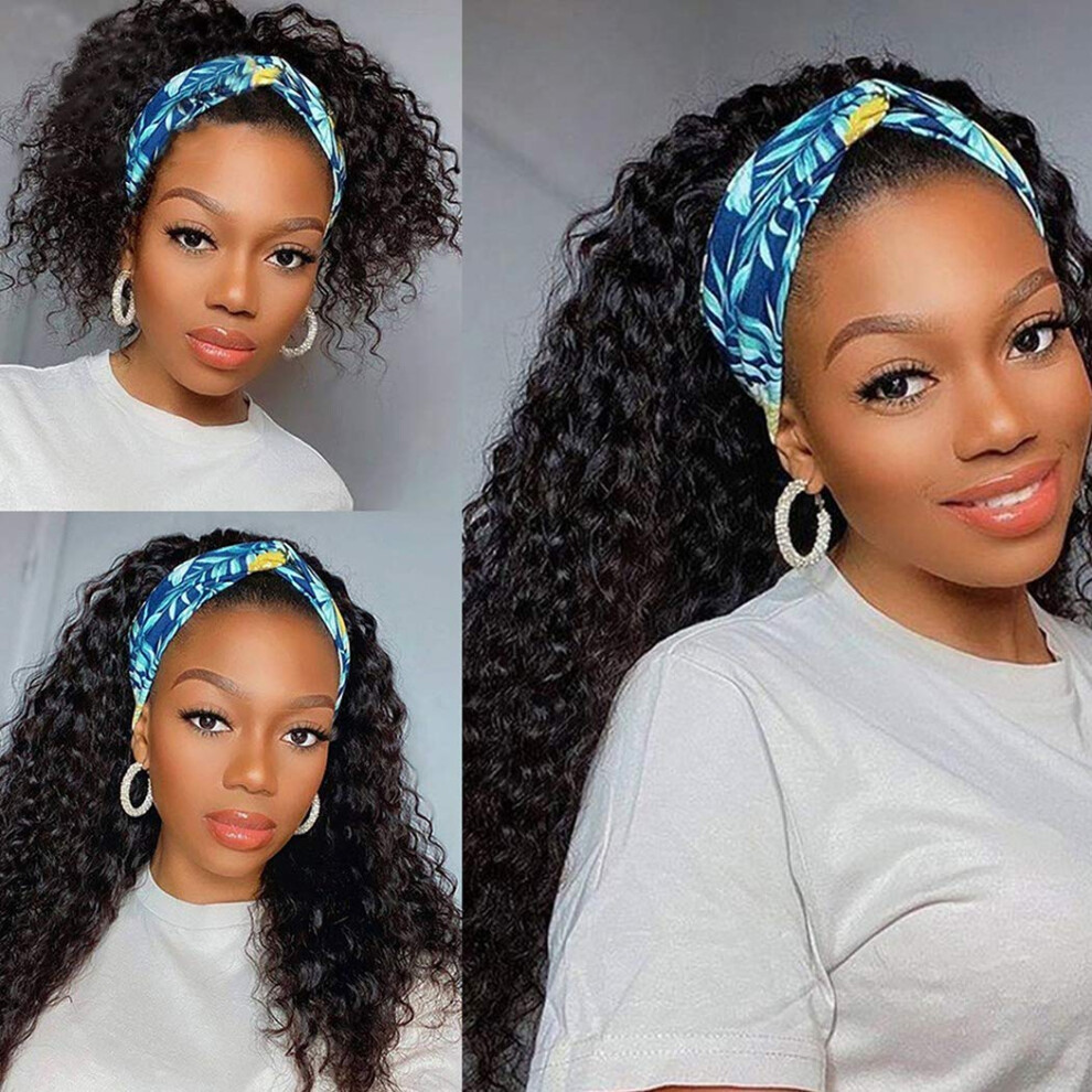 Unisex Black Brazilian Water Wave Human Hair Headband Wig 16 Inch Glueless Velcro Design For Women