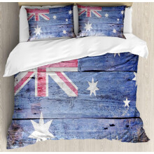Copripiumino Australia, bandiera australiana dipinta su sfondo effetto legno antico, set di biancheria da letto decorativo a 3 pezzi con 2 federe,