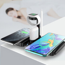 Jacenvly 4-i-1 trådløs opladningsstation 10W, kompatibel med iPhone og Android, julepynt udsalg, stueindretning
