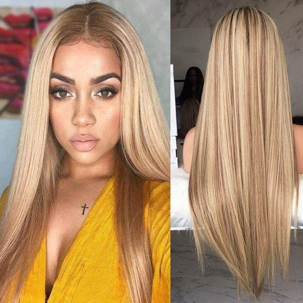 Blonde Long Wig 26 Inch Synthetic Curly Hair Platinum Ombre with Dark Roots for Cosplay