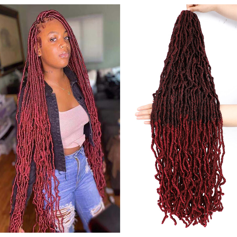 36 Inch Ombre Burgundy Faux Locs Crochet Hair Extensions, Bohemian Goddess Locs, Pre Looped