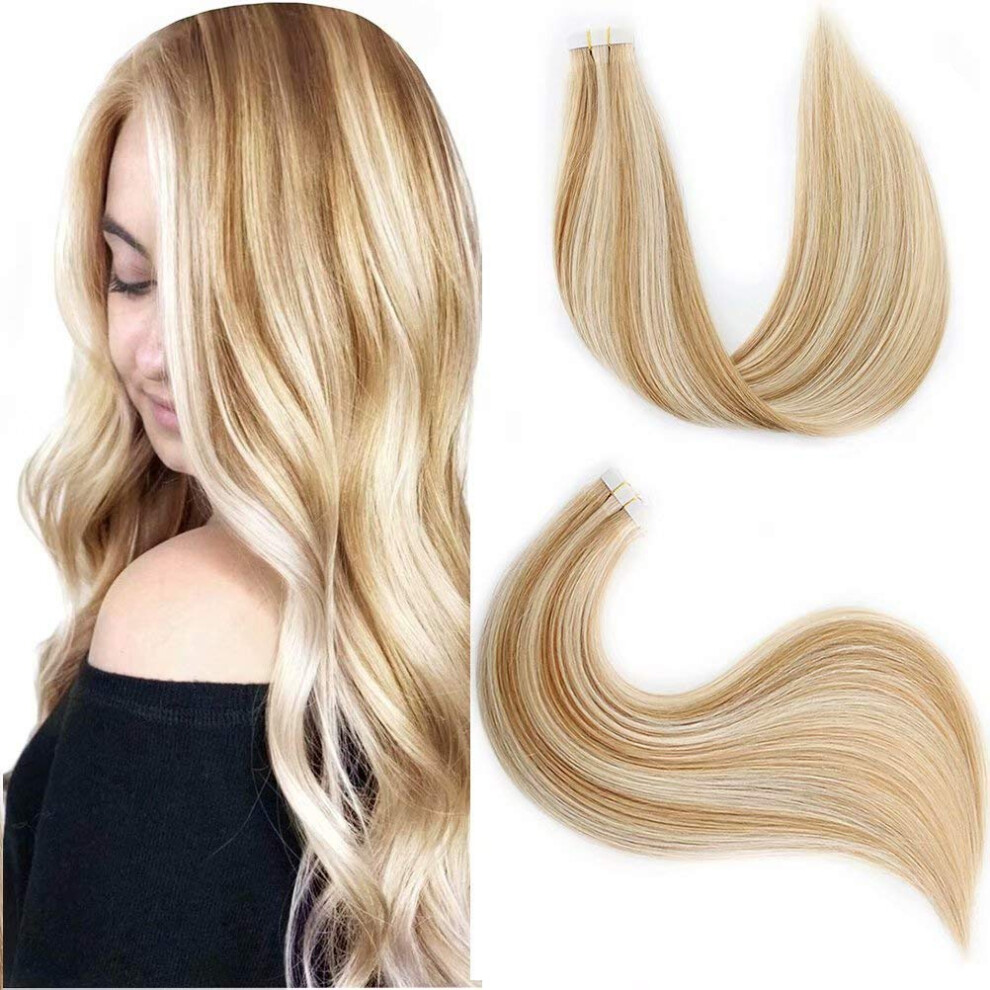 Unisex Tape In Remy Human Hair Extensions 18 Inch Balayage Dirty Blonde To Bleach Blonde Silky Straight 20Pcs