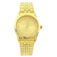 Relógio feminino clássico dourado para balada e negócios, 63 mm de diâmetro e 10 mm de espessura. Mostrador dourado, pulseira de metal dourado