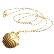 Women Fashion Golden Tone Alloy Seashell Locket Pendant Long Chain Necklace