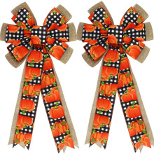 Lot de 2 nœuds d'automne pour couronnes, nœud décoratif pour sapin de Thanksgiving, citrouille orange, motif tartan et toile de jute pour