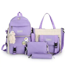 5-delige schooltas voor tienermeisjes, effen canvas rugzak voor vrouwen, tieners en studenten, paars