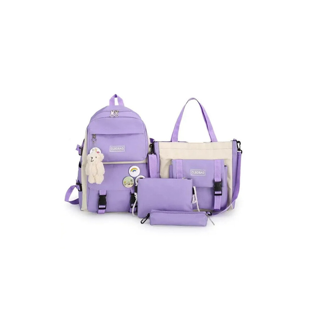 5-Piece School Bag for Teenage Girls, Solid Color Canvas Backpack for Women, Teenagers, Students PURPLE