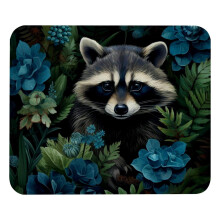 Alfombrilla de ratón cuadrada con estampado de mapache y flores azules, diseño personalizado y cómodo, base de goma antideslizante para ratones