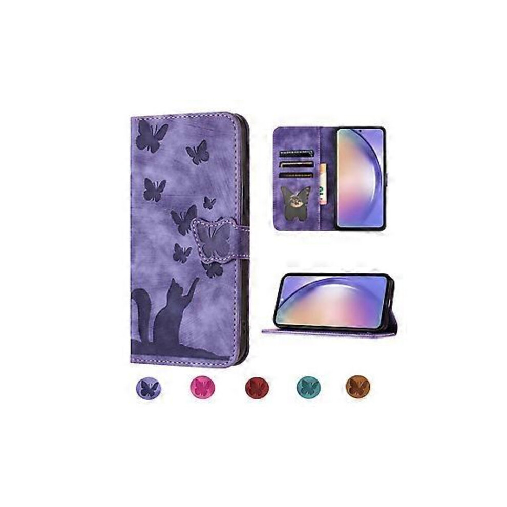 Compatible With Samsung Galaxy S21 Fe 5G Embossed Butterfly Cat Wallet Case With Card Slots Stand Case Purple 9499224618268