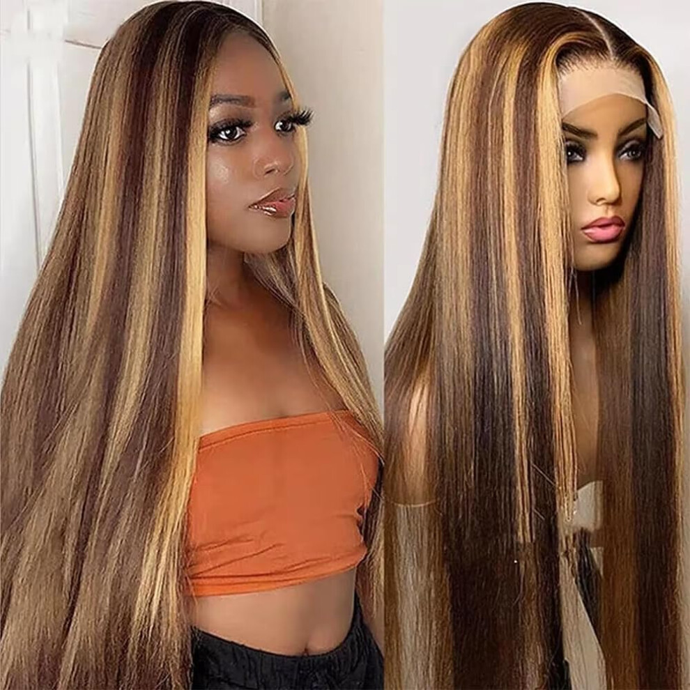 Unisex 34 Inch 13X4 Hd Lace Front Human Hair Wig Honey Blonde Highlight, 200% Density, Glueless