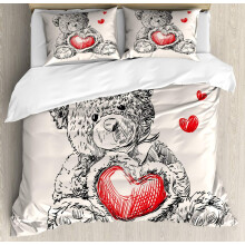 Cartoon Duvet Cover Set, Teddy Bear with Heart Belly & Floating Hearts, 3PC Bedding Set (2 Pillowcases), Red Black White