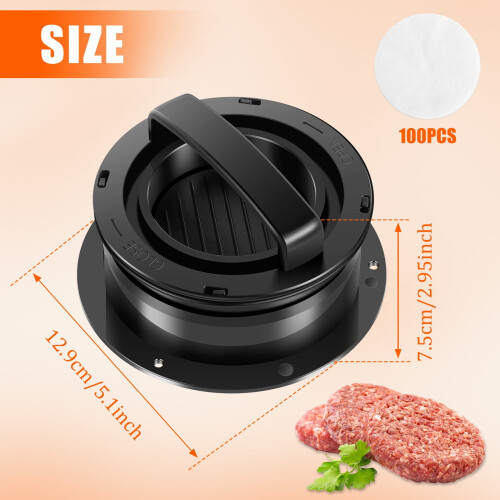 Burger Press with100Wax Papers, 4-in-1Non-Stick Patty Maker, Reusable Hamburger Press Tool with Different Size Molds 2