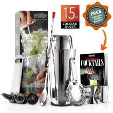 Mixology Bartender Cocktail Shaker Set - 15 & 30 oz Stainless Steel, 15-Piece Drink Mixing Kit - NutriChef NCCS15PC