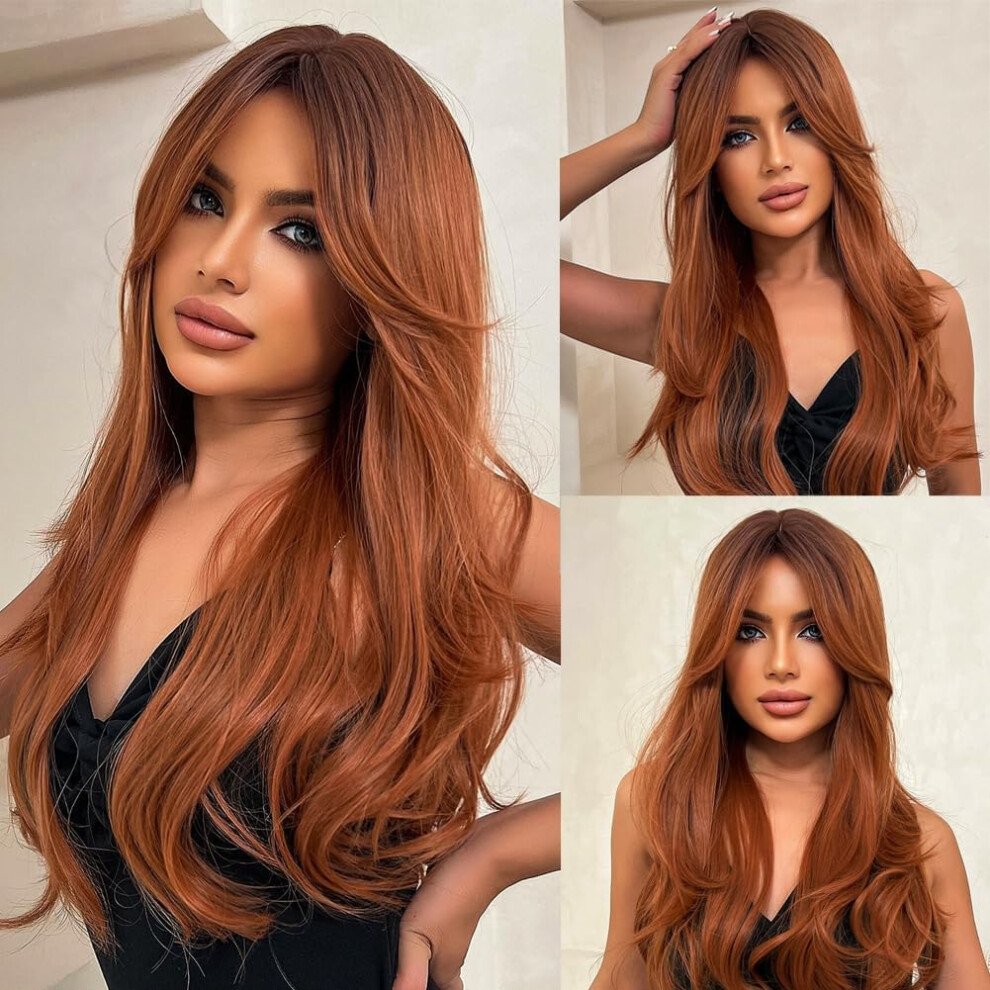 28 Inch Auburn Human Hair Wig with Bangs, Long Straight Heat Resistant Tangle Glueless Cap