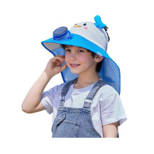 (Sky Blue)Kids Hat with Solar USB Powered Fan Cartoon Styling Shawl Design Adjustable Outdoor Hiking Cycling Fishing Cap