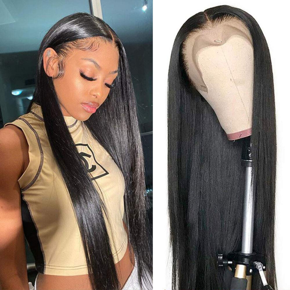 Unisex 30 Inch Brazilian Human Hair Lace Front Wig Pre Plucked 13X4 Glueless Straight 180 Density