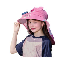 (Pink)Kids Hat with Solar USB Powered Fan Cartoon Styling Shawl Design Adjustable Outdoor Hiking Cycling Fishing Cap