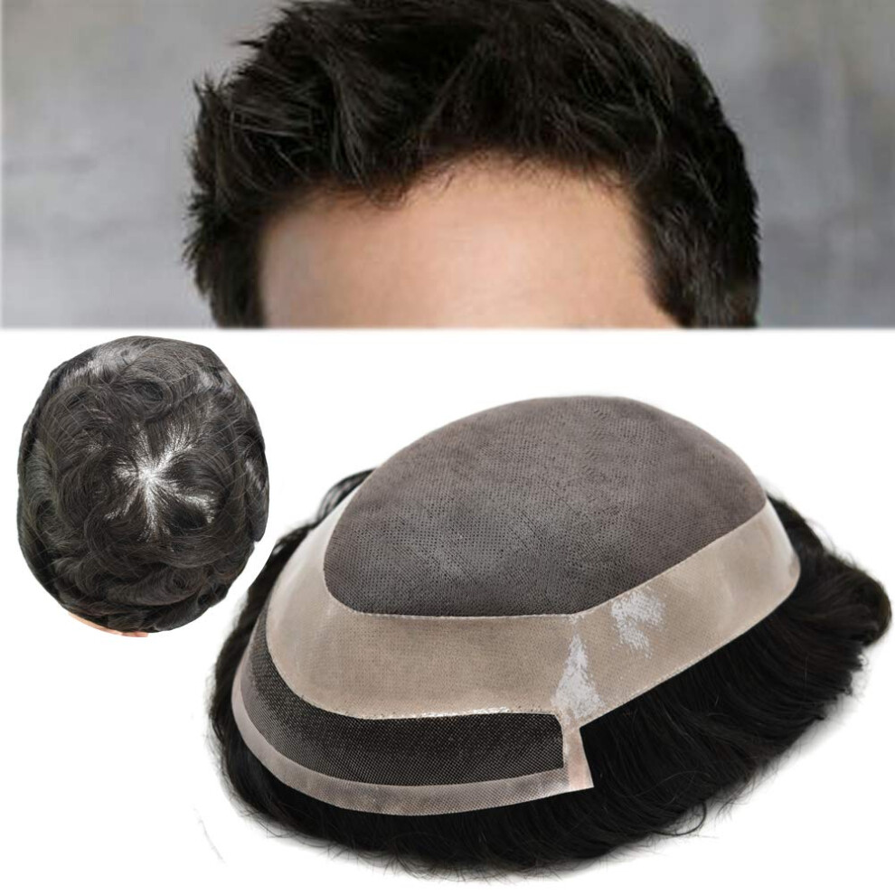 Unisex Black Mens Toupee Human Hair Hairpiece 7X9 Jet Hand Tied Mono Base Indian Remy Medium Density