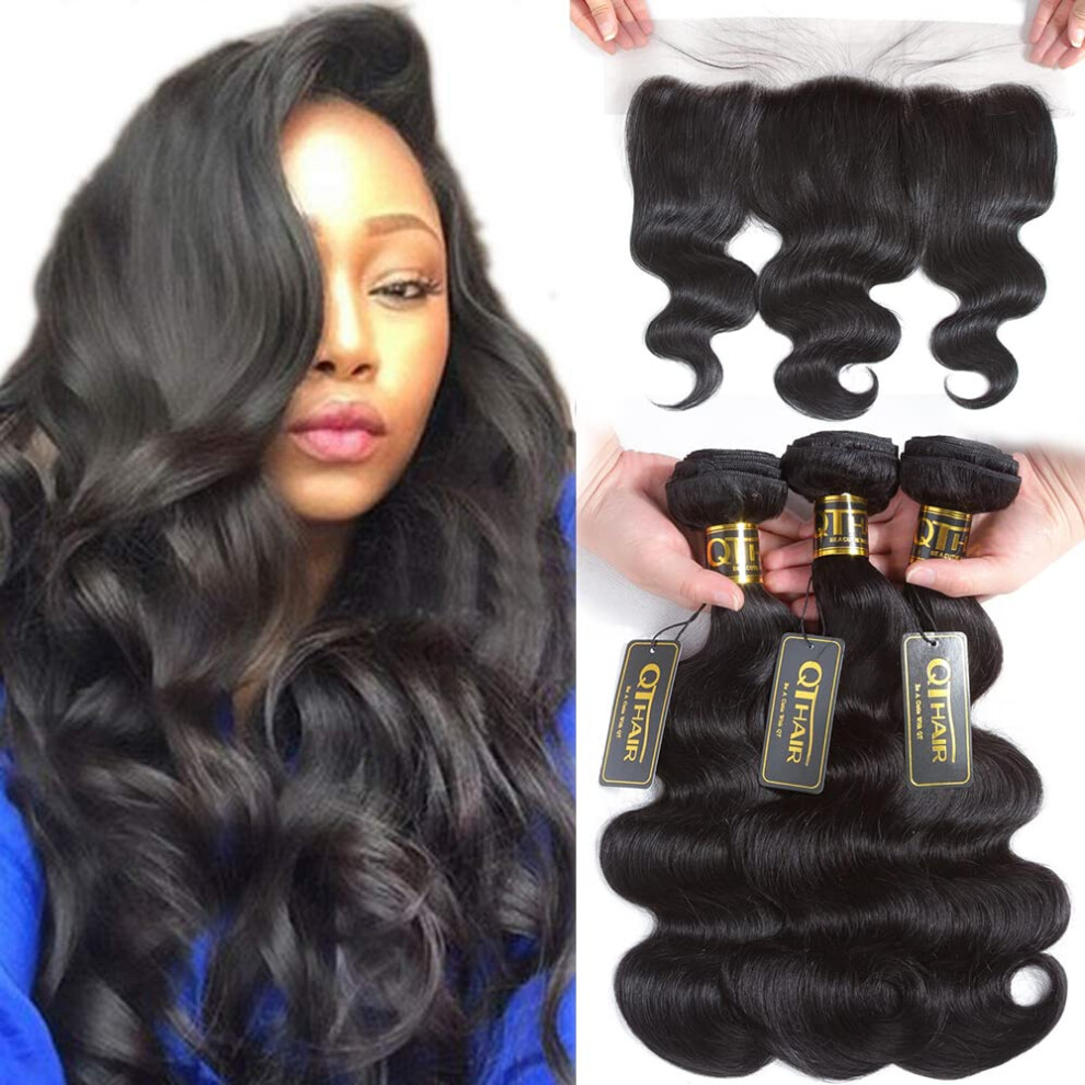 Unisex Qthair 12A Brazilian Virgin Body Wave Hair Bundles With 13X4 Swiss Lace Frontal Pre Plucked Hairline