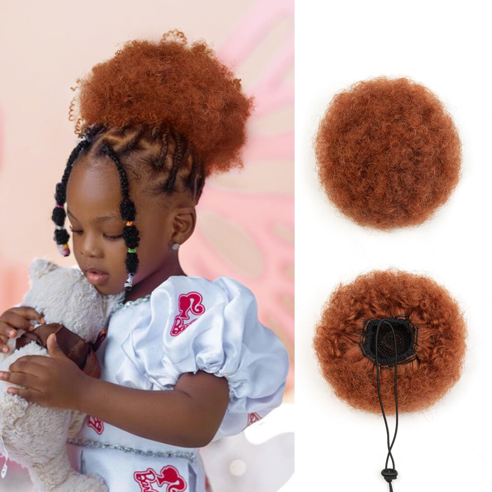 Unisex Red Afro Puff Drawstring Ponytail 4 Inch Human Hair, Copper 4C Kinky Curly For Kids And Women