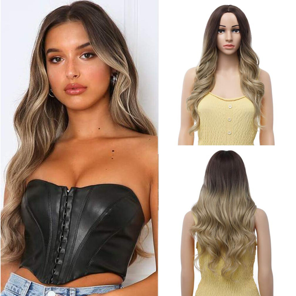Unisex Ash Blonde Ombre Long Wavy Wig For Women With Middle Part Synthetic Hair And Wig Cap