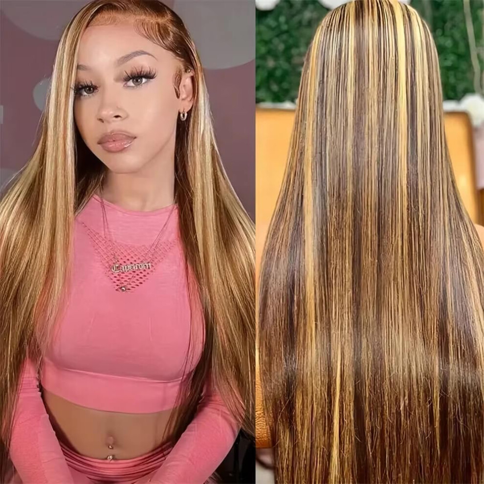 Unisex 32Inch 13X4 Hd Lace Front Wig Human Hair Honey Blonde Highlight Glueless Pre Plucked 200% Density